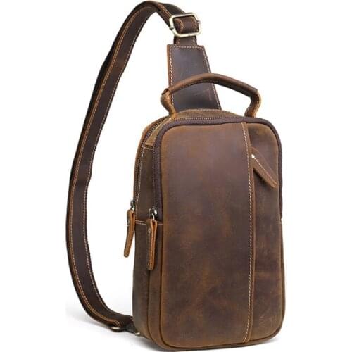 Vintage Men Chest Bags Crazy Horse Genuine Leather Sling Day Back Pack Travel handbag Crossbody Shoulder Messenger Bags