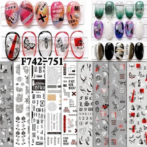 50pcs Nail Art Sticker Black White Leaves Letters Alphabet Butterfly Design Adhesive Decals for Nail Art Decoration Manicure