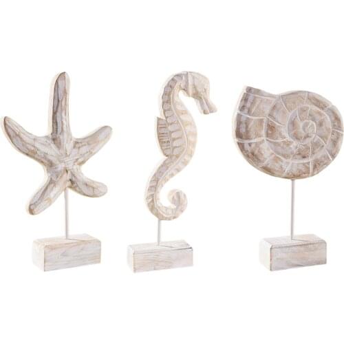 1 Set/3pcs Delicate Wooden Marine Animals Chic Exquisite Seahorse Conch Star Desktop Ornament For Inside Indoor Home Decoration