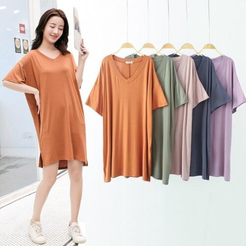 2021 Summer New Modal V-neck Short Sleeve Dress Pajamas Womens Korean Large Medium Length Home Dress Nightdress Plus Size