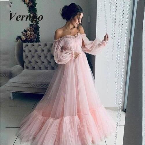 Verngo Off the shoulder maxi dress for wedding guest fluffy tulle dress for women with corset long sleeves formal dress