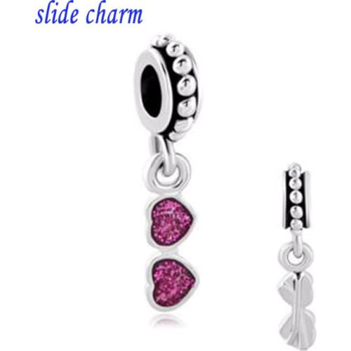 Slide charm Free shipping Pink Heart Love Sun Glasses Charm Bracelet Spacer Dangle Bead fit Pandora charm bracelet