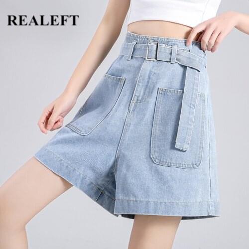 REALEFT Summer 2021 New Womens Denim Shorts with Belted Casual Loose Fashionable High Waist Pocket Chic Female Jeans Trouses