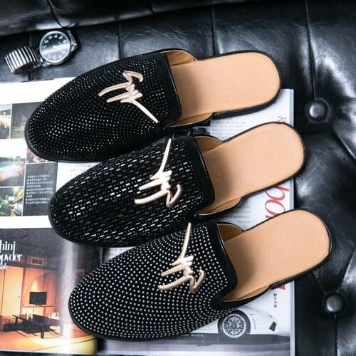 Luxury Summer New Cool Slippers for Male Gold Black Loafers Men Half Shoes Anti-slip Men Casual Shoes Flats Slippers Mules