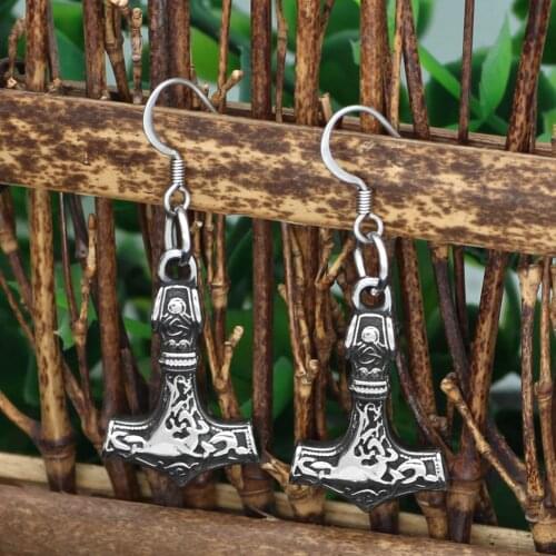 Nordic viking rune small thor hammer Mjolnir stainless steel earrings with valknut gift bag