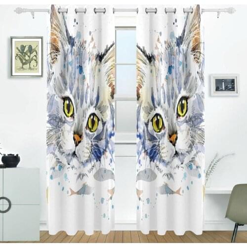Watercolor Cat Curtains Drapes Panels Darkening Blackout Grommet Room Divider for Patio Window Sliding Glass Door 55x84 Inches