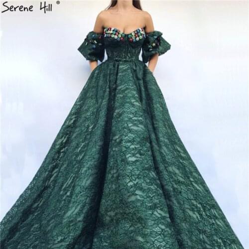 Green Diamond Flowers Lace Evening Dresses Short Sleeve Sexy Off Shoulder Evening Gowns Puffy Dubai Robe De Soiree BLA60704