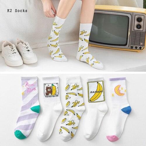 New Kawaii Banana Moon Women Socks Cotton Purple striped Harajuku Skateboard Fashion Soft Funny College Style Girls Sockings