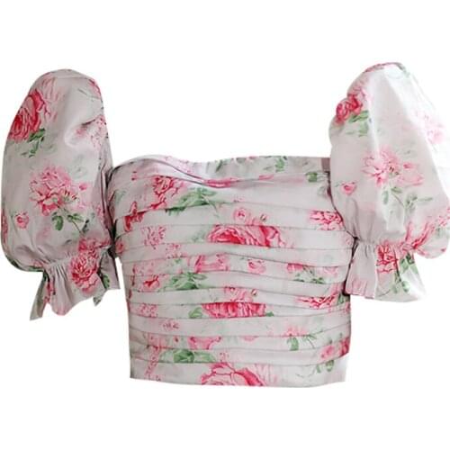 2021 Summer Tops Women Casual Elegant Office Short Puff Sleeve Print White Crop Clubwear Shirt Blouse Sexy Square Collar Tees