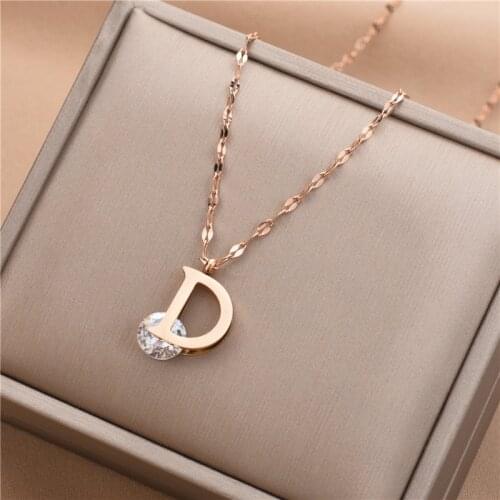 Korean Style Simple Exquisite Letter Zircon Women Necklace Ladies Stainless Steel Necklaces Female Clavicle Chain Jewelry Gift
