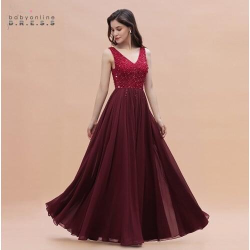 New Arrival Burgundy A Line Evening Dress Lace 2021 Party Dress Pearls V Neck Evening Prom Gowns Women Vestido de Festa