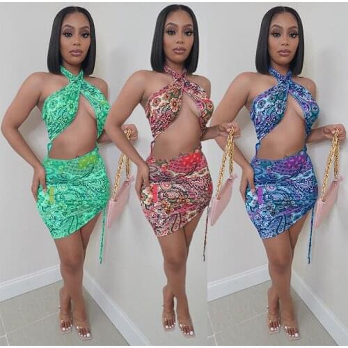 ZKYZWX Bandana Print Mini Dress Sexy Halter Bodycon Dresses for Women Summer Vacation Outfit Vintage Night Clubwear Female Dress