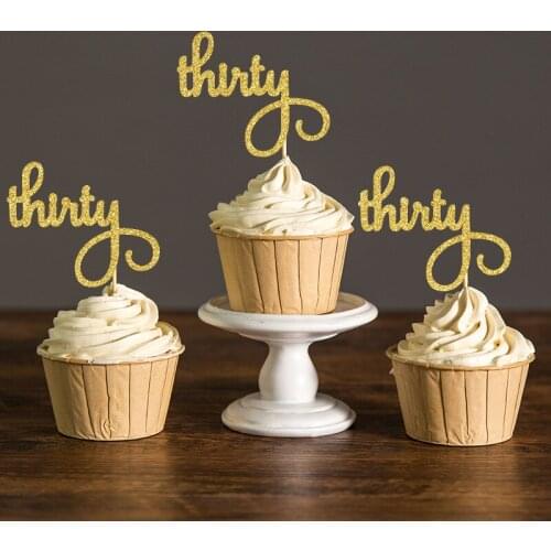 Gold/Silver/Black Glitter Script thirty Cupcake Toppers Picks,30th Birthday Party Favors Decorations Cake Accessory Supplies