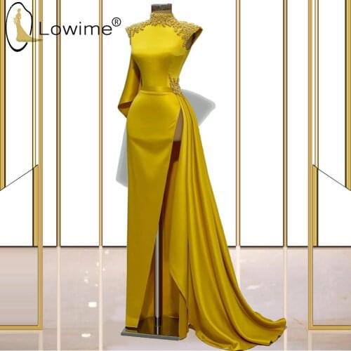 Gold Long Pearls Evening Dresses with Sexy Slit High Neckline Dresses for Women Party Abendkleider 2021
