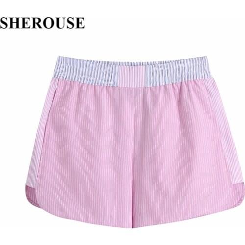 2021 New Summer Women Striped Shorts Patchwork Pockets Chic Lady Fashion Casual Women Shorts