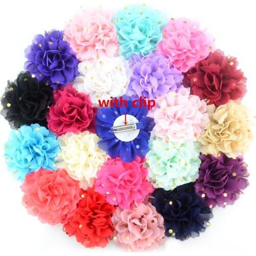 32 PCS/lot , 10 CM Gold Polka Dot Chiffon Flower on ribbon Partially Covered Double Prong Alligator Clips , Flower hair clips
