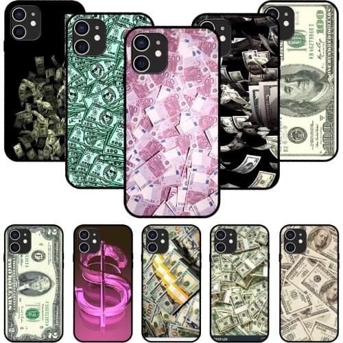For iPhone 11 12 8 Plus Mini Pro X XR XS Max 4 5 7 6 6S 8 SE Phone Case Black Cover Funda 3D Hoesjes Fashion USD Dollar Money
