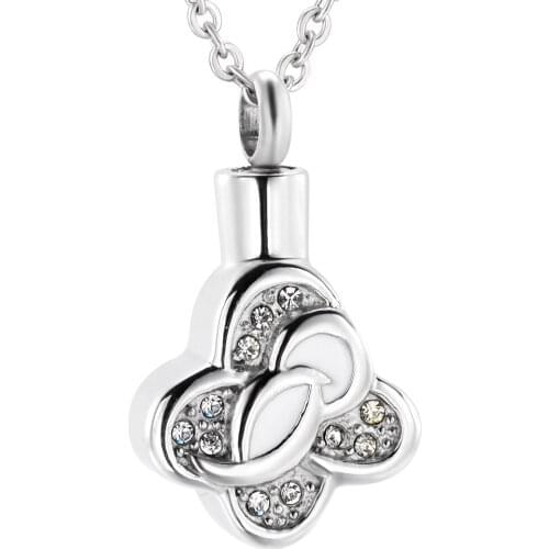 IJD0399 Crystal Clover Polished Ash Cremation Souvenir Stainless Steel Pendant for Ashes Urn Keepsake Memorial Necklace Jewelry