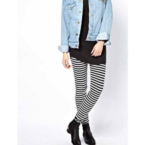 Fashion Leggings Women Black White Striped Printing Leggins Slim High Waist Leggings Woman Pants