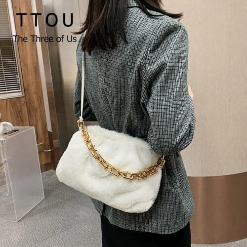 Small Plush Shoulder Dumpling Bag for Women 2021 Autumn Trendy Solid Color Ladies Furry Handbag Thick Chain Design Female Purse