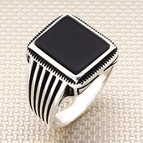 Square Black Onyx Stone Men Silver Ring With Symmetrical Motif Made in Turkey Solid 925 Sterling Silver