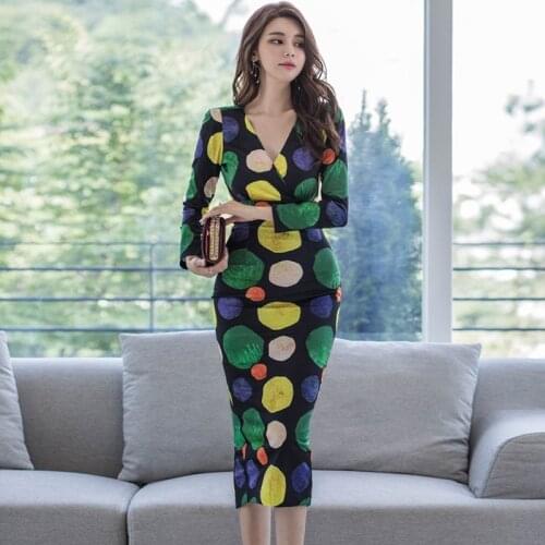New arrival comfortable fashion spring print formal dress temperamental v-neck high quality slim elegant sexy pencil dress