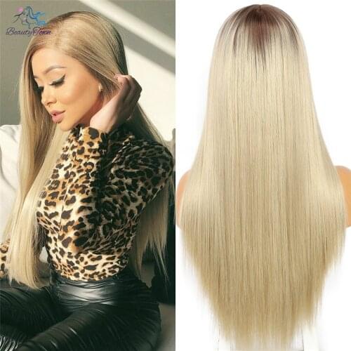 Blonde Color Long Straight Synthetic Lace Wig Middle Part Hair Ombre Wig for Black Women High Heat Resistant Fiber BeautyTown