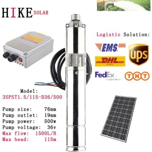 Hike solar equipment 36VDC 24V solar powered submersible water pump for irrigation for home use with extern 3SPST1.5/115-D36/500