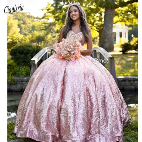 Rose Gold Spaghetti Strap Ball Gown Quinceanera Dresses Sparkly Crystal Handmade Flowers Sweet 16 Dress Vestido De 15 Anos