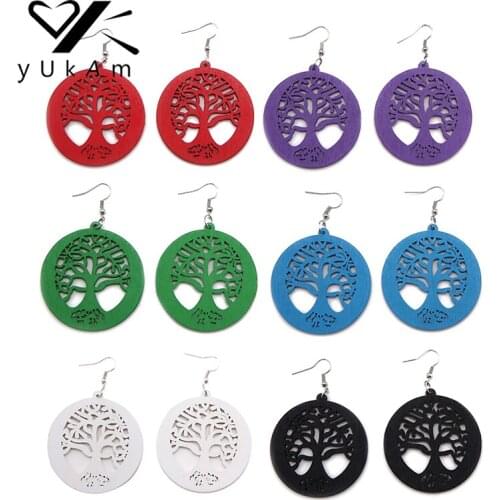 YUKAM African Boho Colorful Life Tree Wood Carved Earrings Ethnic Handmade Natural Hollow Round Wooden Dangle Earrings for Women