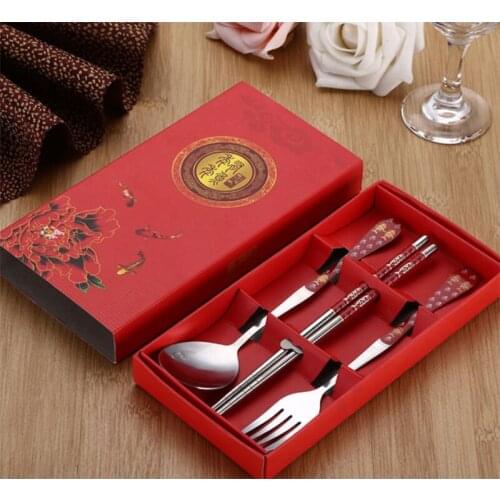 Blue and white China set of three pieces stainless steel chopsticks spoon and fork gift box set of three pieces of gifts