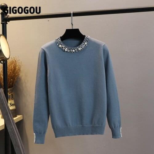 GIGOGOU Beading Women Sweaters Korean Fashion Long Sleeve Pullovers Top Autumn Winter Kwaii Clothing Knitted Jumper Pull Femme
