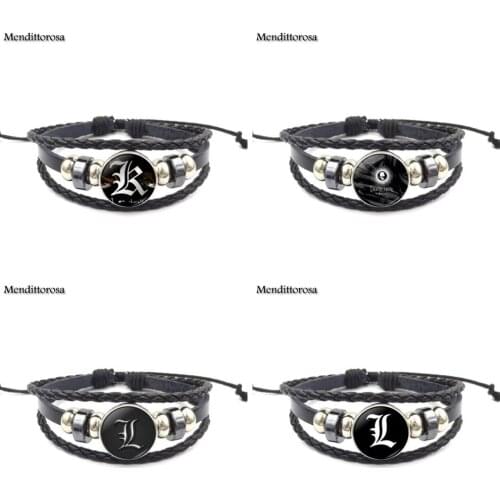 Mendittorosa Vintage Jewelry Glass Cabochon Black Leather Bracelet Bangle For Christmas Gift Death Note