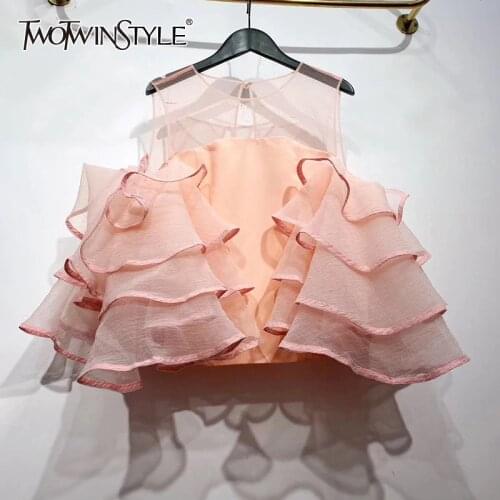 TWOTWINSTYLE Patchwork Ruffle Perspective Blouse For Women Off Shoulder Flare Sleeves Hollow Out Blouses Female 2020 Summer New