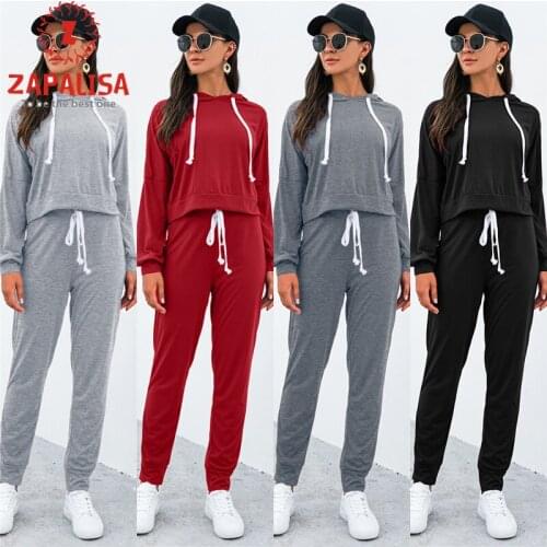 Women Solid Color Casual 2 Piece Outfits Hooded Design O-Neck Long Sleeve T-Shirts+Drawstring Design Mid Waist Pencil Pants