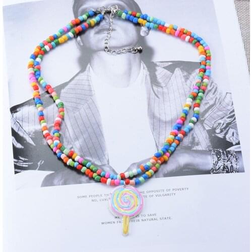 ZA Colorful Acrylic Beads Beaded Kids Handmade Choker Necklace Women Girl Children Jewelry Sweet Candy lollipop Pendant Necklace