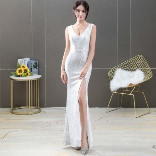 New Evening Dress V-Neck Sexy Mermaid Sequins Simple Sleeveless Floor-length Backless Plus size Women Formal Party Dresses C1345