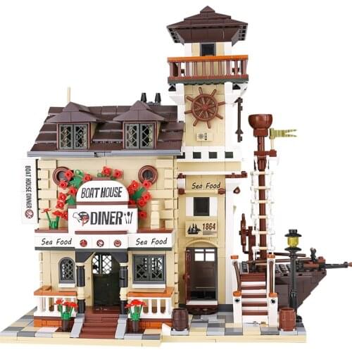 12003 2196PCS Street Building Toys The Boat House Diner Model Building Blocks Bricks 16050 Assembly Toys As Kids Christmas Gifts