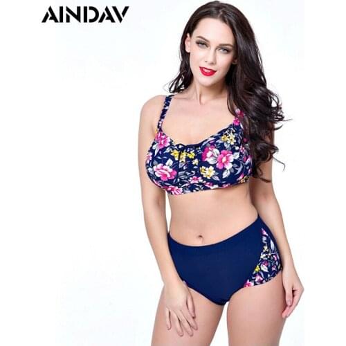 2019 Retro Floral Bikini Plus Size Swimwear Women Swimsuit Mid Waist Bathing Suit Large Push Up Bikini Top Summer Beach Wear