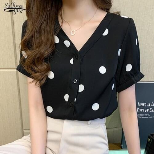 2021 Summer Short Sleeve Chiffon Women Blouse Tops Office Lady Polka Dot V Neck Women Shirts Plus Size Printing Clothing 13899