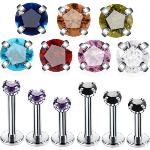 3PCS Steel Ear Cartilage Helix Lobe Piercings Crystal Gem Tragus Barbell Earrings Labret Stud Lip Monroe Piercing Rings Jewelry