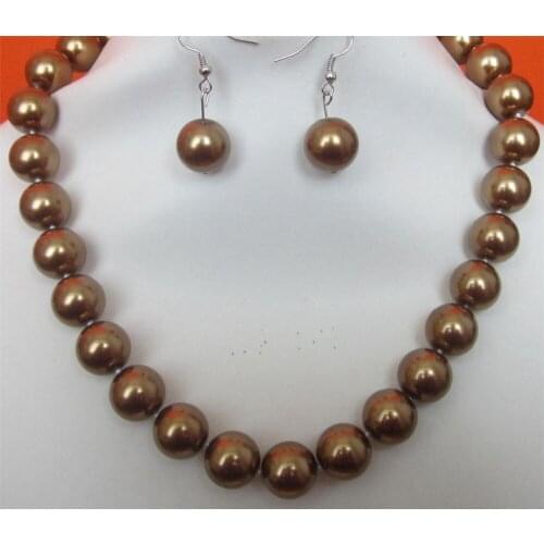 Free shipping New style Natural noble jewelry>>>>Charming! 10mm brown South Sea Shell Pearl Necklace 18"Earrings LK555