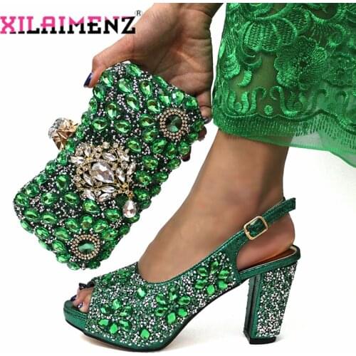 Comfortable Heels Italian Women Shoes and Bag For Wedding Party in Geen Color High Quality Decorate with Rhinestone Sandals