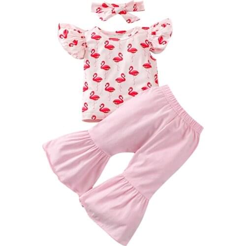 3Pcs Baby Girls Clothing Set Fly Sleeve Flamingo Print Tops+Flared Pants+Headband Set Girls Clothing Set Outfits