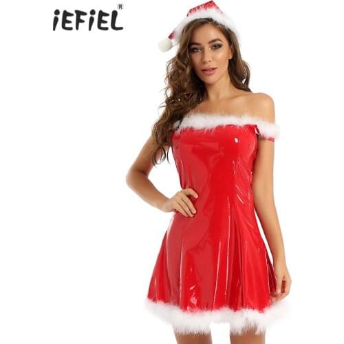Red Womens Christmas Fancy Dress Mrs Santa Claus Xmas Party Costume Dress Outfit Sleeveless White Feather A-line Dress with Hat
