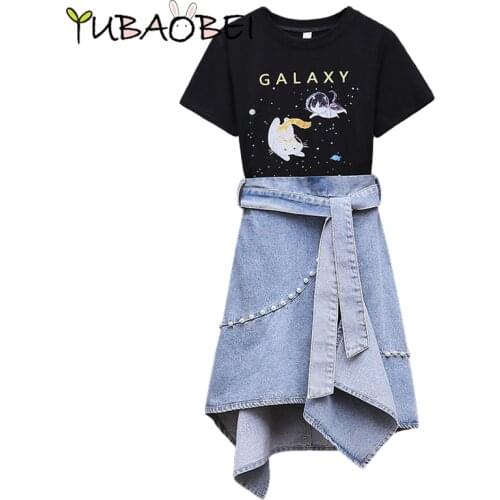 Summer Girls Denim Skirt Suit Kids Cat Print Black Short-Sleeved T-Shirt + Blue Irregular Skirt 2-Piece Set
