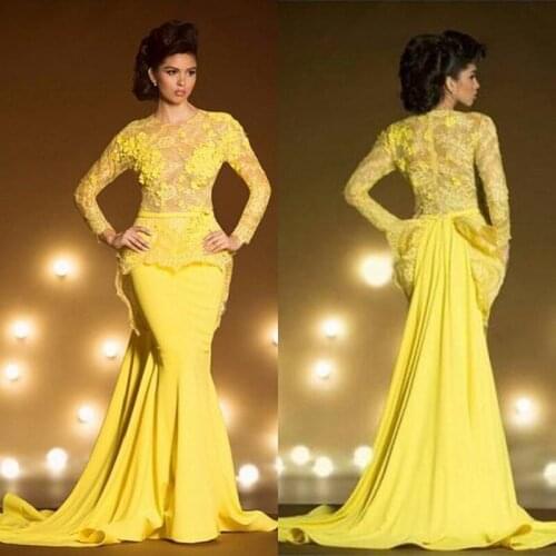 Fashion Lace Formal Evening Dresses With Long Sleeves Mermaid Appliqued Sheer Jewel Neck Peplum Prom Dress Yellow Evening Gowns