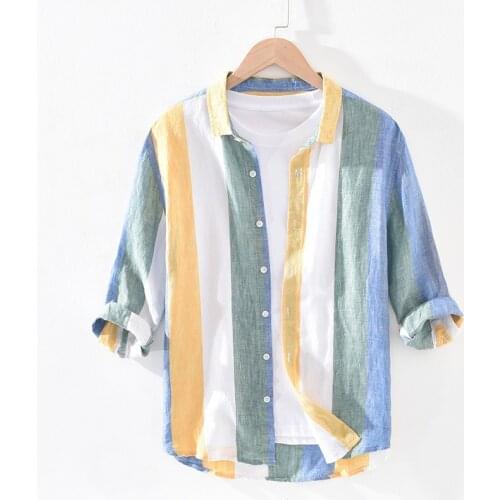2021 Mens Fresh Striped Linen 3/4 Sleeve Shirt Loose Breathable Square Collar Thin Linen Shirt