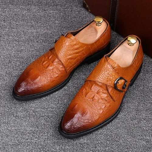 High Quality Mens crocodile pattern pointed Oxfords Male Dress Formal Shoes monk strap Flats Wedding Party Free shipping