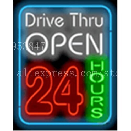Drive - Thru Open 24 Hours Neon sign Real Glass Tube Bulbs Light Bar Beer Club Businese Decoration Signboard 19"x15"